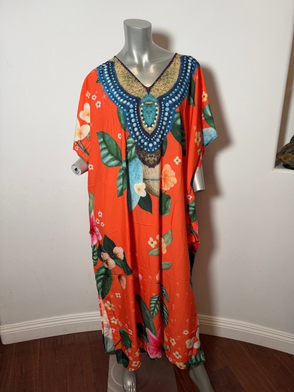 Bohemian  Orange Floral V-Neck Caftan Muumuu  Beach Maxi Dress Summer